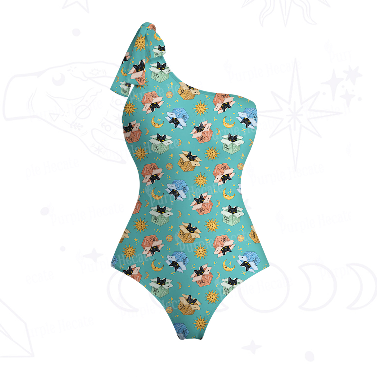 Purplehecate Magical Black Cat One-Shoulder One-Piece Swimsuit