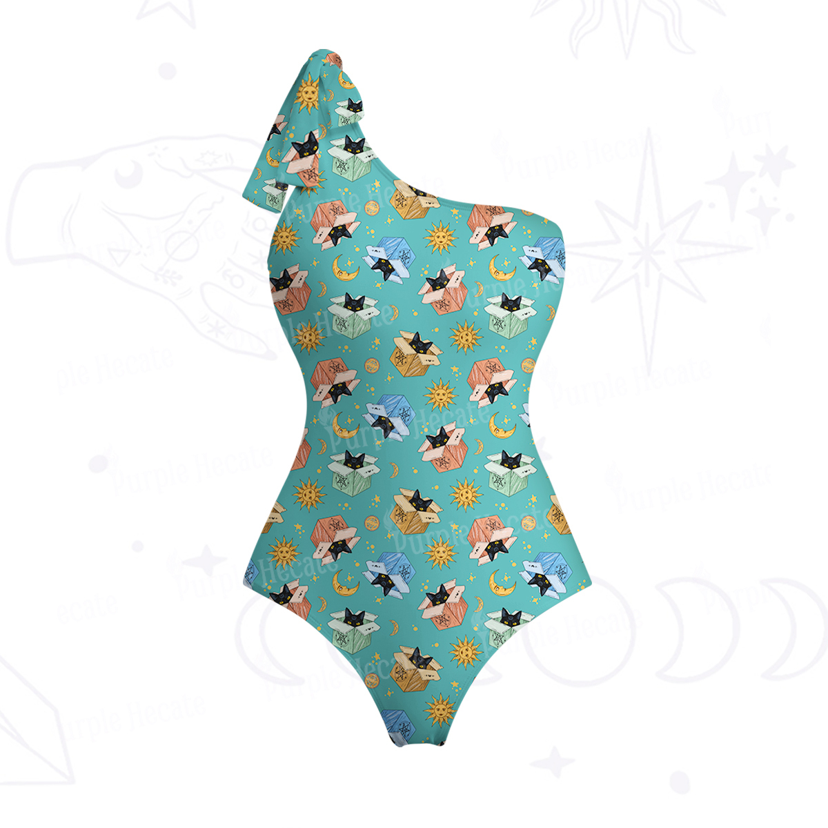 Purplehecate Magical Black Cat One-Shoulder One-Piece Swimsuit
