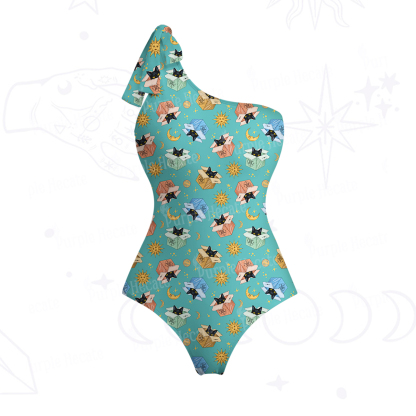 Purplehecate Magical Black Cat One-Shoulder One-Piece Swimsuit
