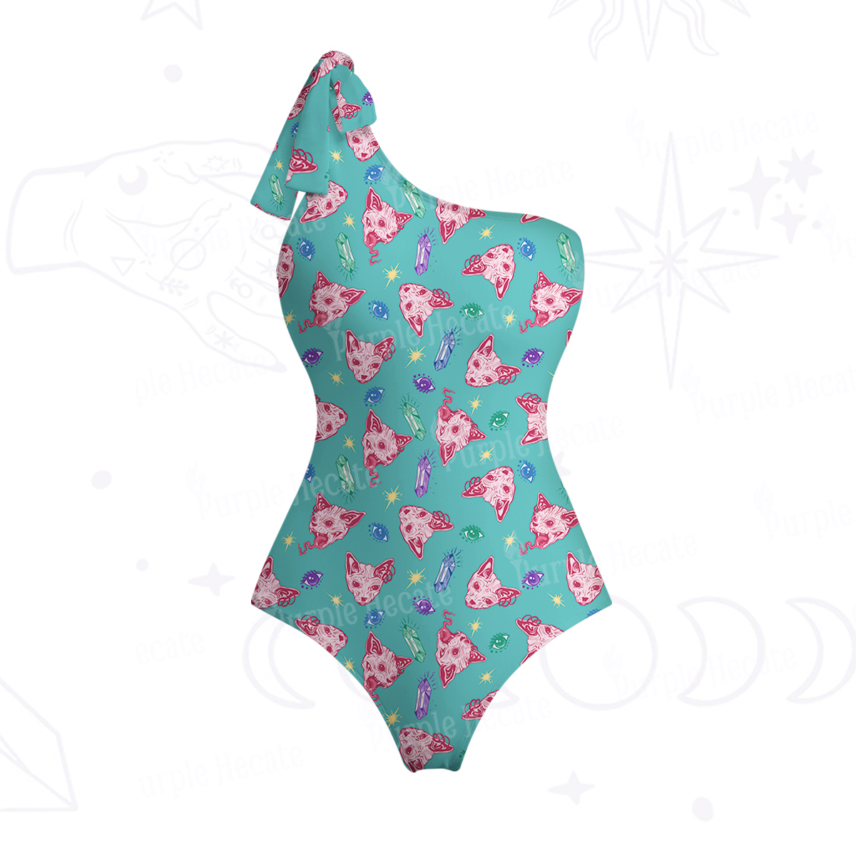 Purplehecate Crystal Cat Skull One-Shoulder One-Piece Swimsuit