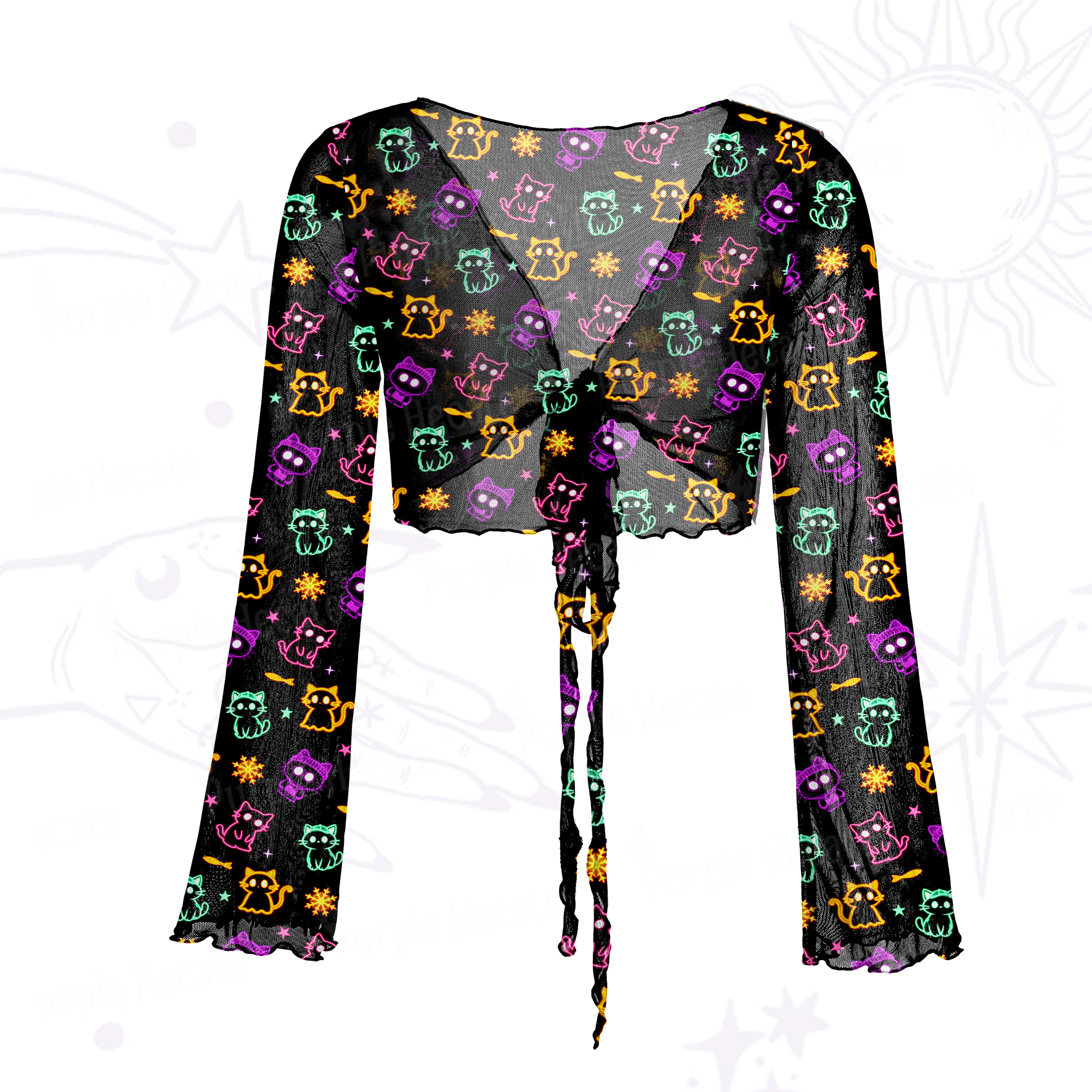Purplehecate Neon Cat Party Mesh Tie Front Top