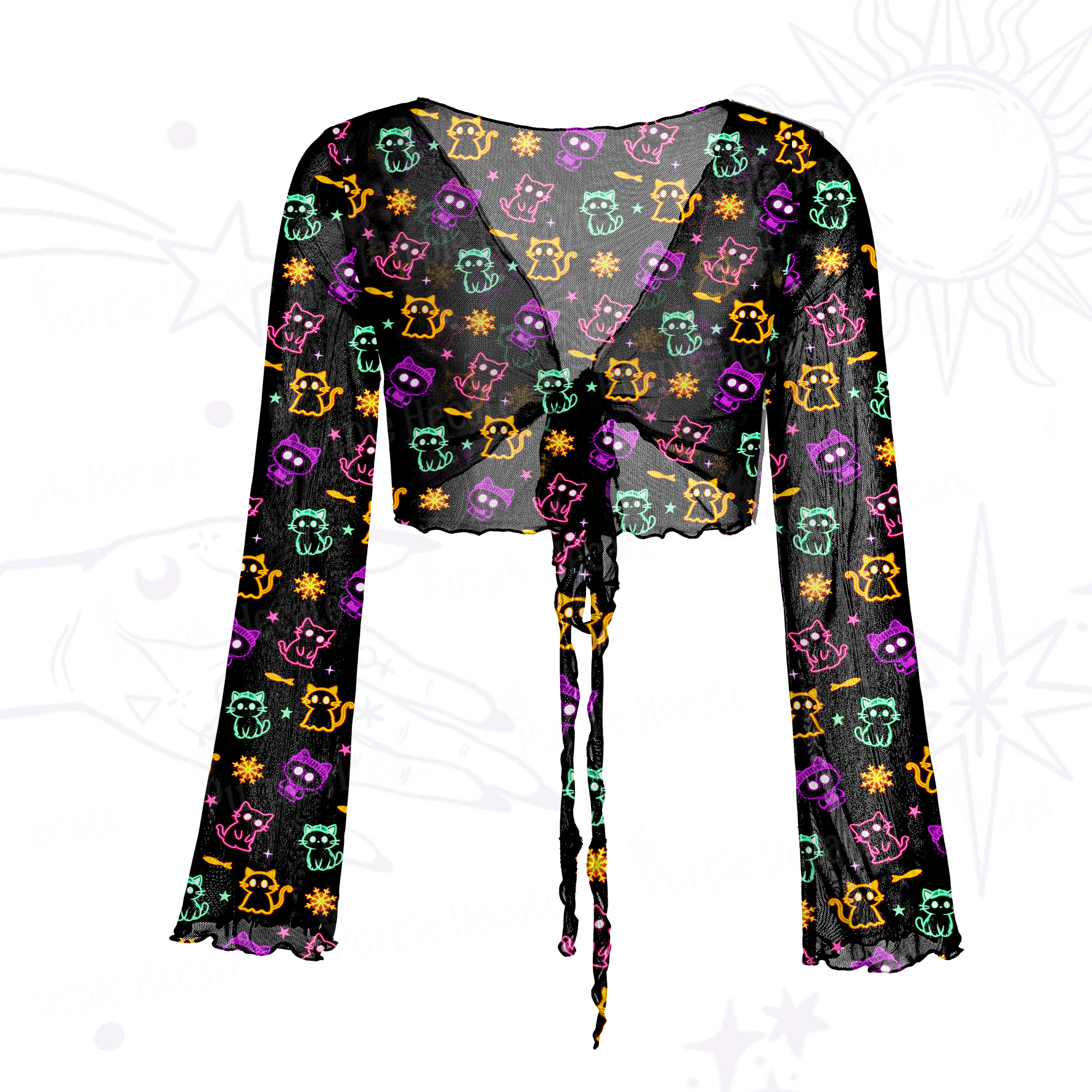 Purplehecate Neon Cat Party Mesh Tie Front Top