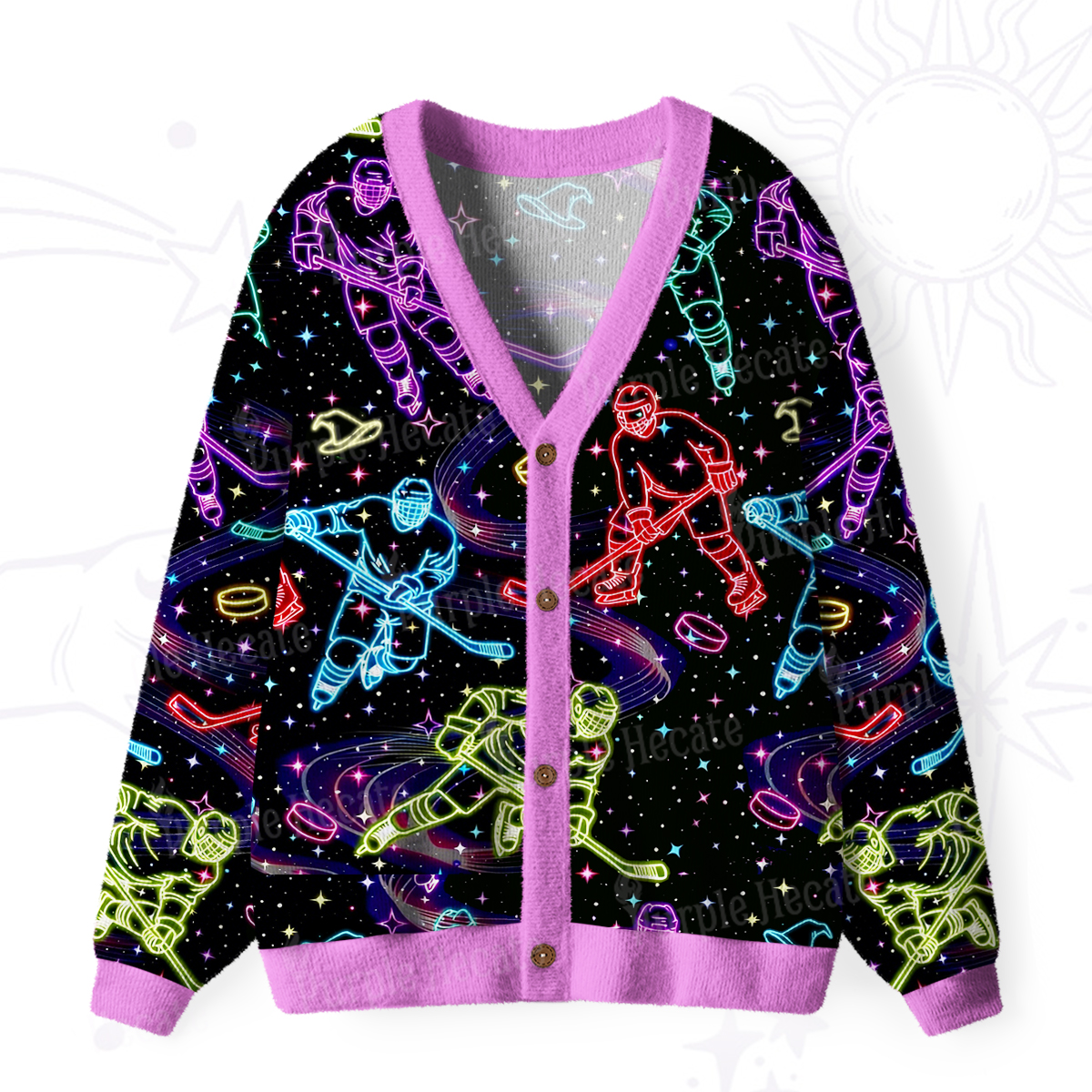Purplehecate Neon Night Hockey Ugly Cardigan Sweaters