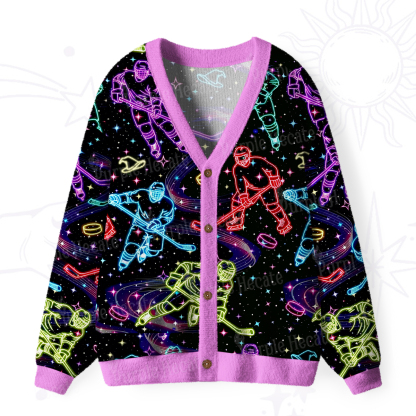 Purplehecate Neon Night Hockey Ugly Cardigan Sweaters