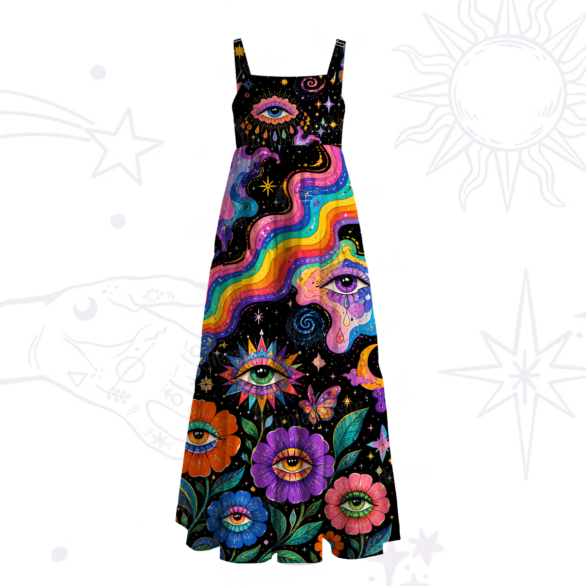 Purplehecate Groovy Hippie Flower Eyes Wide Straps Maxi Dress