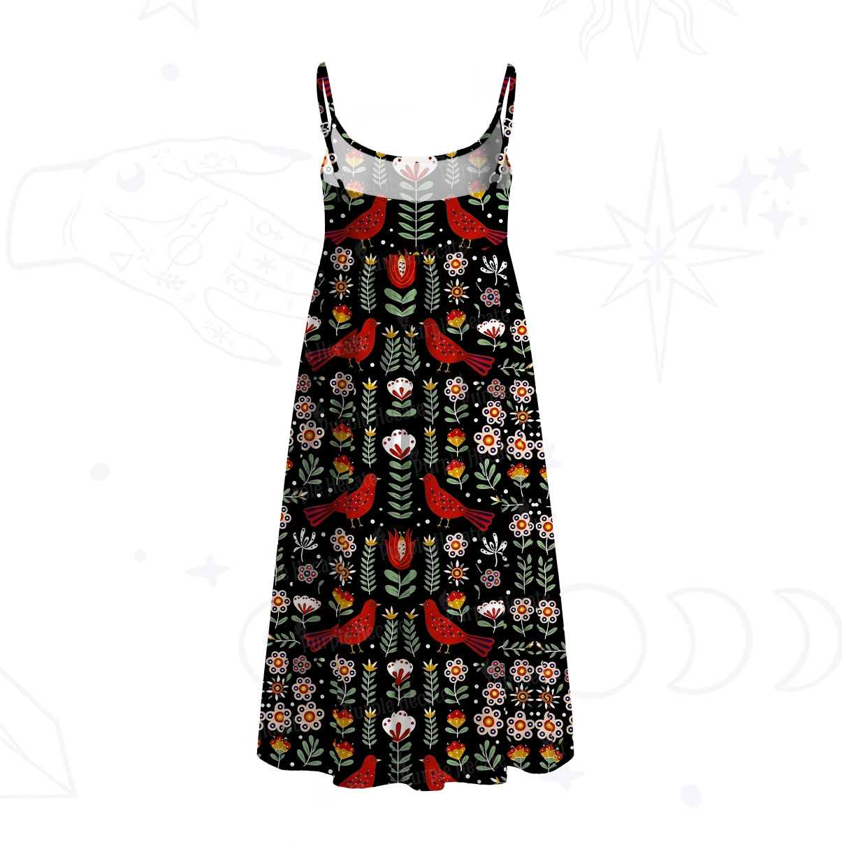 Purplehecate Mystic Forest Bird Spaghetti Strap Midi Dress