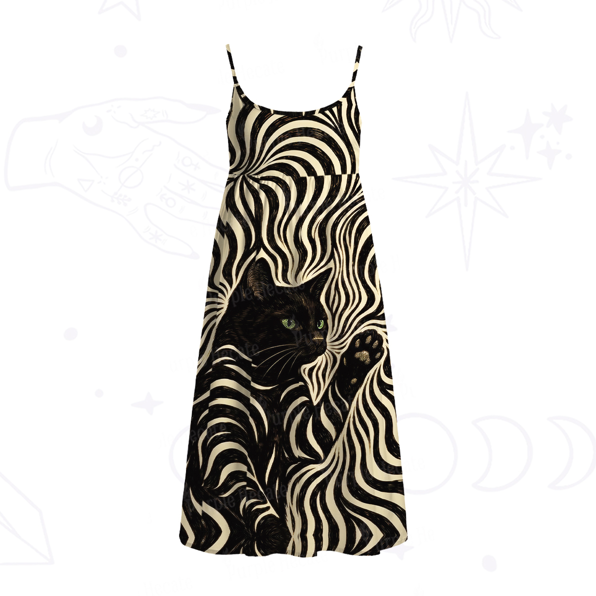 Purplehecate Psychedelic Cat Spaghetti Strap Midi Dress