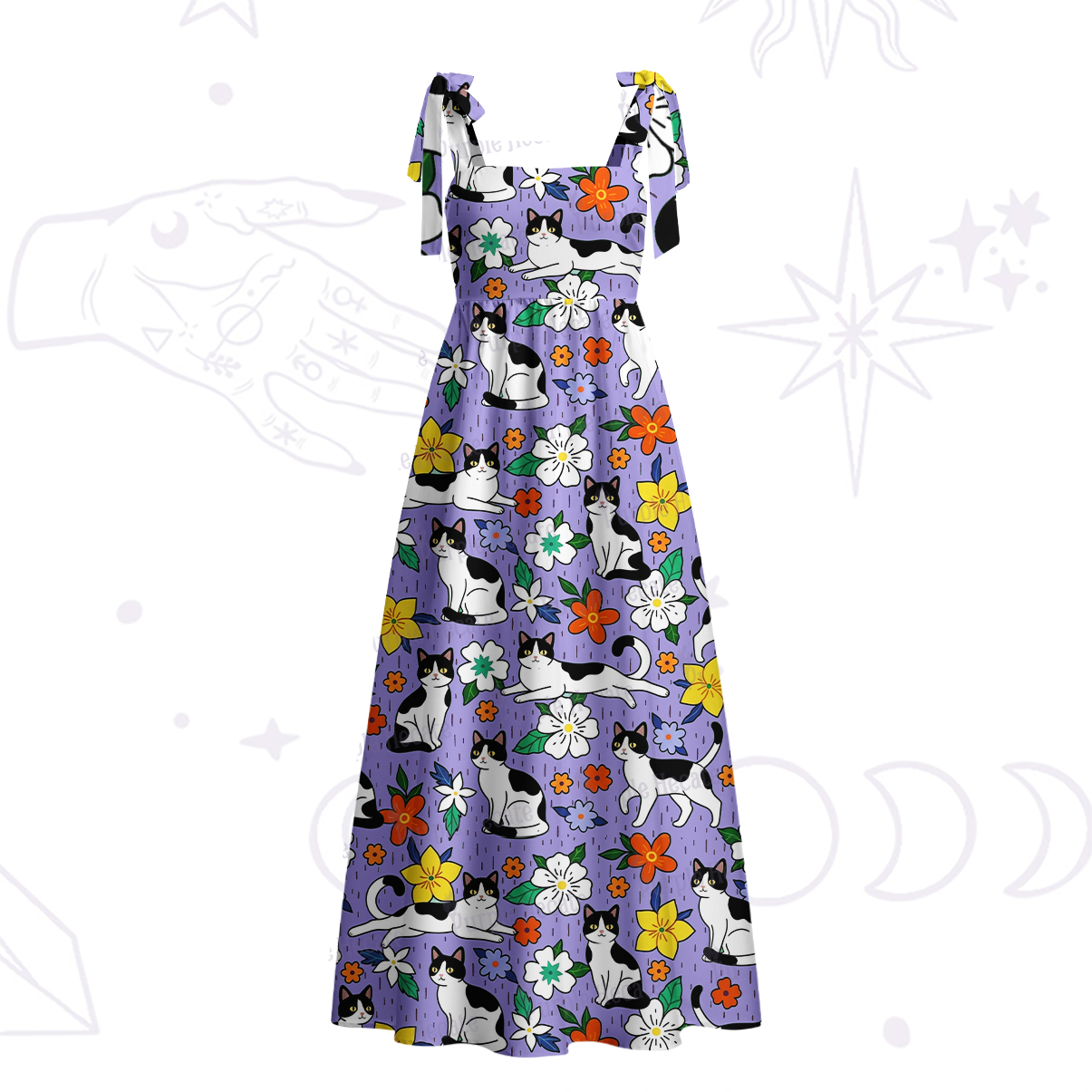 Purplehecate Enchanted Spring Whispering Cat Tie Shoulder Maxi Dress