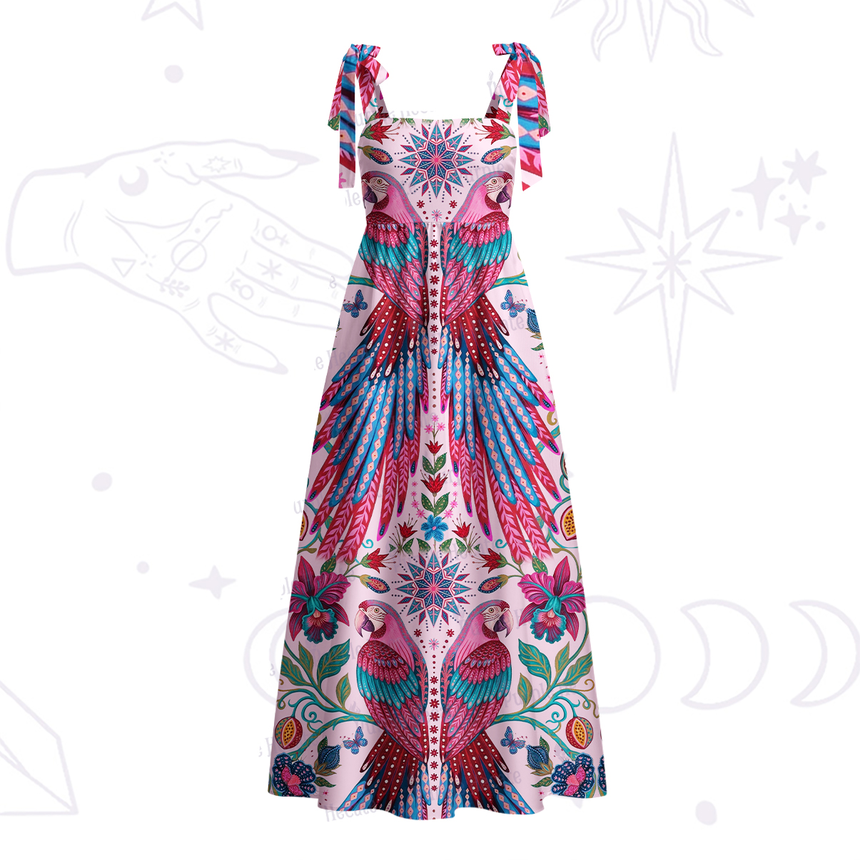 Purplehecate Tropical Parrot Garden Tie Shoulder Maxi Dress