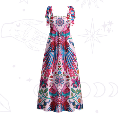 Purplehecate Tropical Parrot Garden Tie Shoulder Maxi Dress
