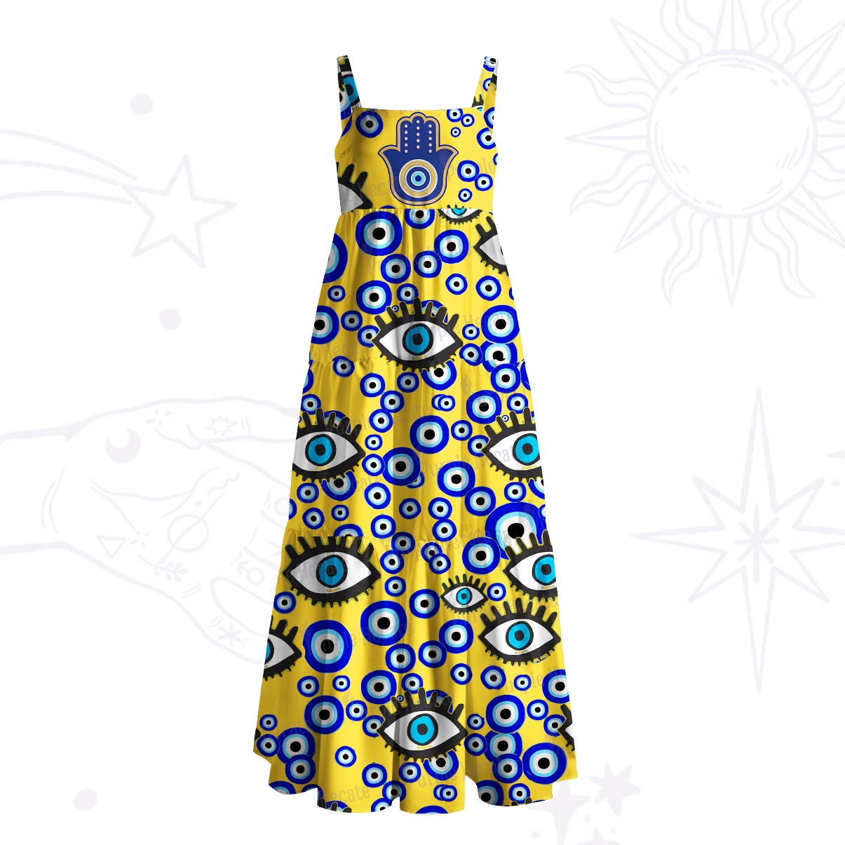 Purplehecate Mystic Hamsa Evil Eye Wide Straps Maxi Dress