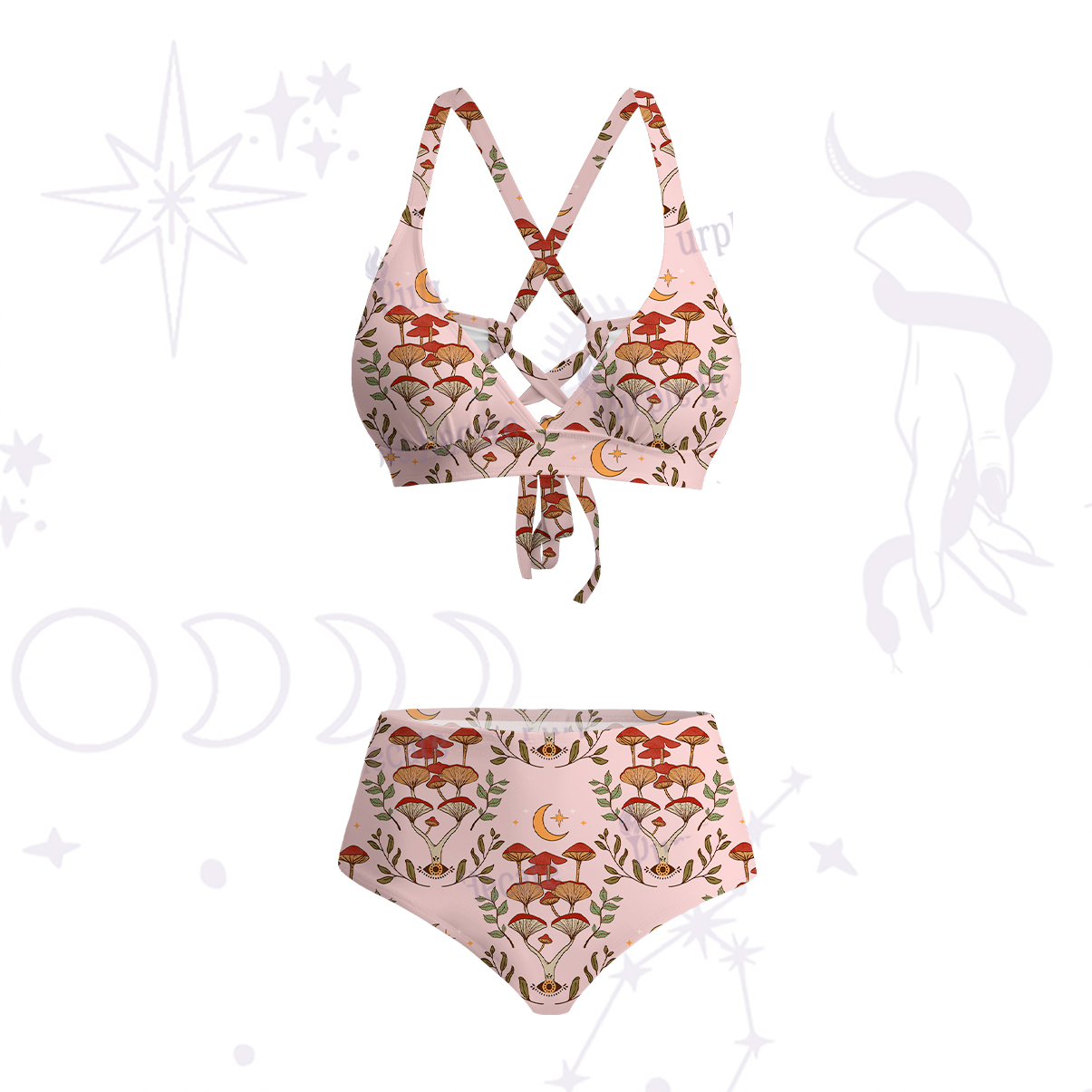 Purplehecate Psychedelic Mushrooms Crisscross Tie-Back Bikini Set