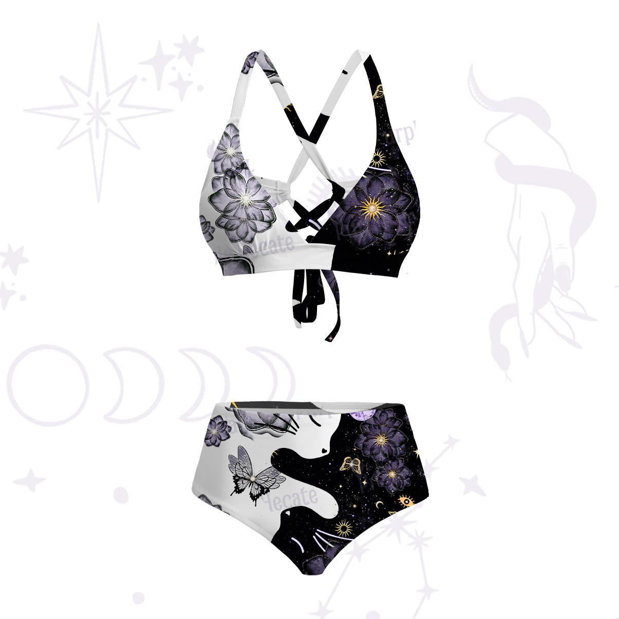 Purplehecate Starlit Cats & Butterflies Crisscross Tie-Back Bikini Set