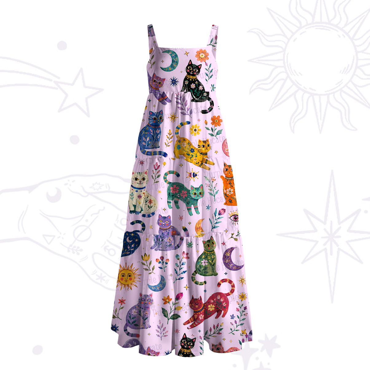 Purplehecate Rainbow Magic Cats Wide Straps Maxi Dress