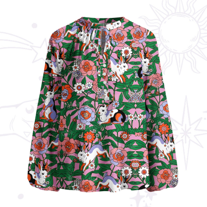 Purplehecate Mystic Blossom Bunny Garden Split Neck Tie Blouse