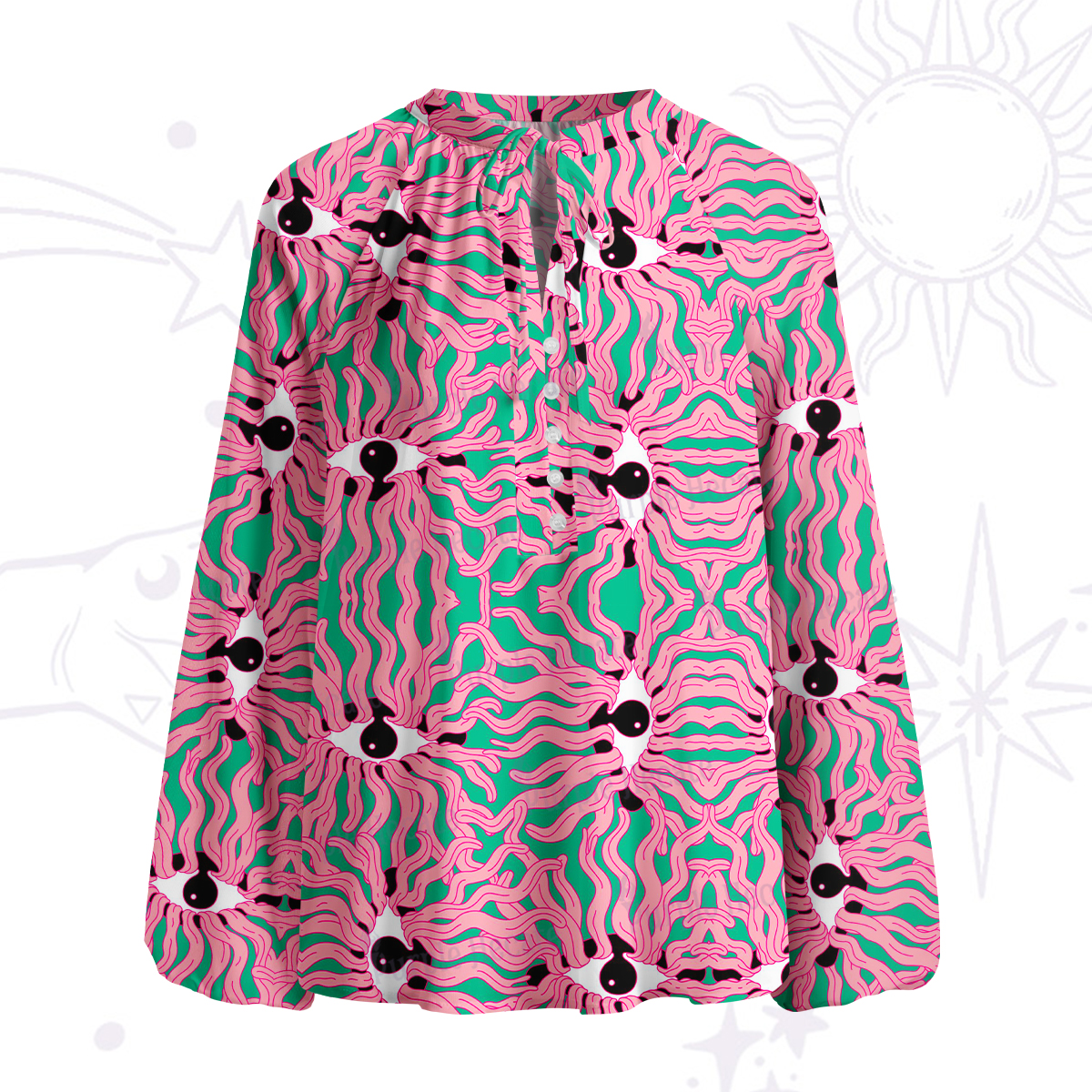 Purplehecate Psychedelic Wave Eyes Split Neck Tie Blouse