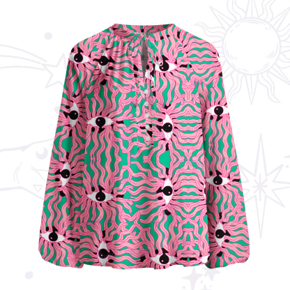 Purplehecate Psychedelic Wave Eyes Split Neck Tie Blouse