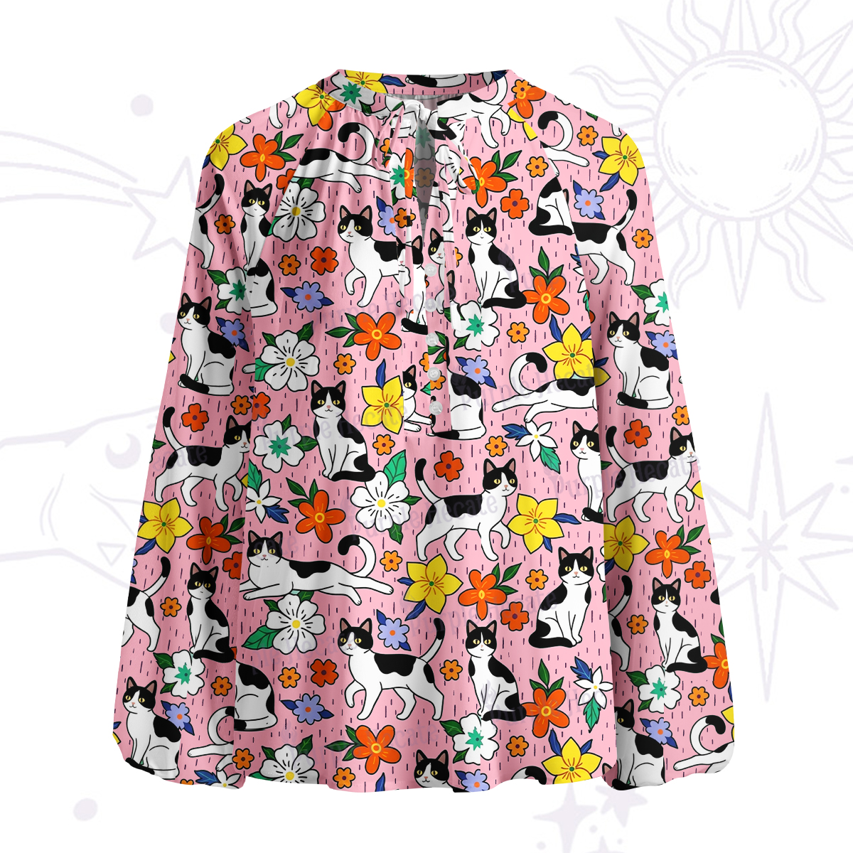 Purplehecate Enchanted Spring Whispering Cat Split Neck Tie Blouse