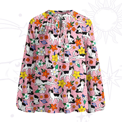 Purplehecate Enchanted Spring Whispering Cat Split Neck Tie Blouse