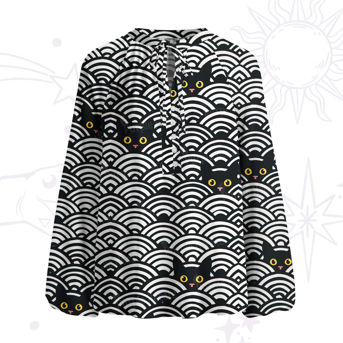 Purplehecate Rainbow Black Cat Waves Split Neck Tie Blouse