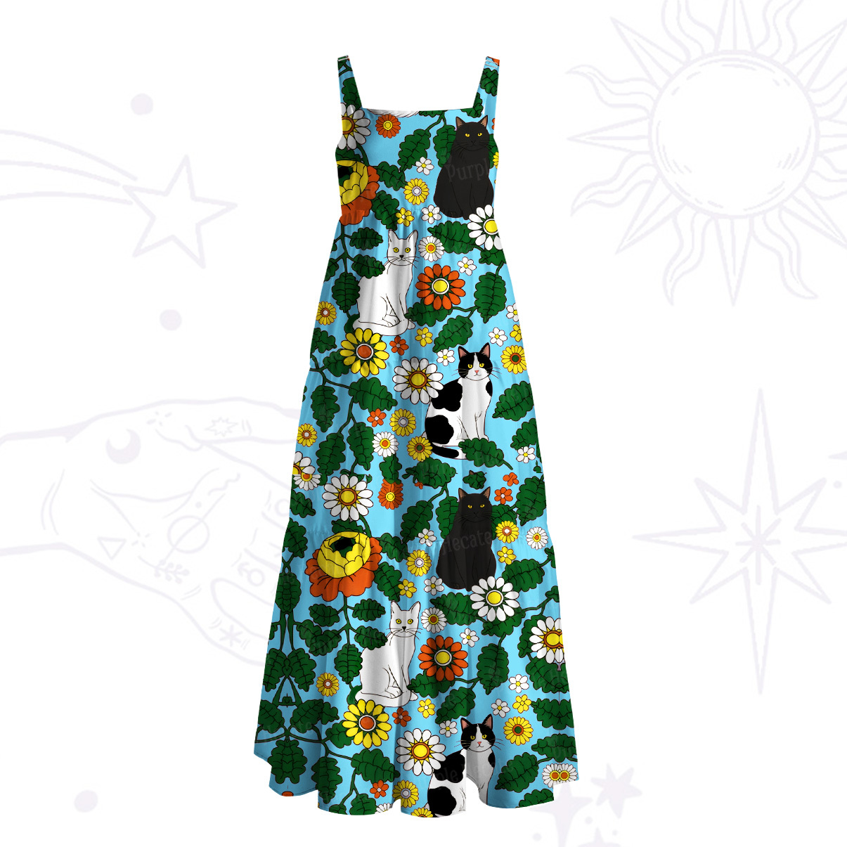 Purplehecate Daisy Cat  Garden Wide Straps Maxi Dress