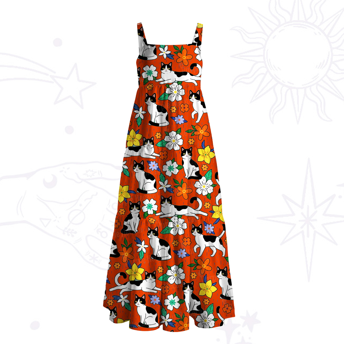 Purplehecate Enchanted Spring Whispering Cat Wide Straps Maxi Dress