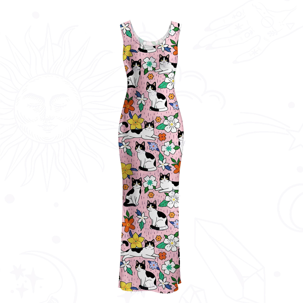 Purplehecate Enchanted Spring Whispering Cat Mesh Maxi Tank Beach Dress