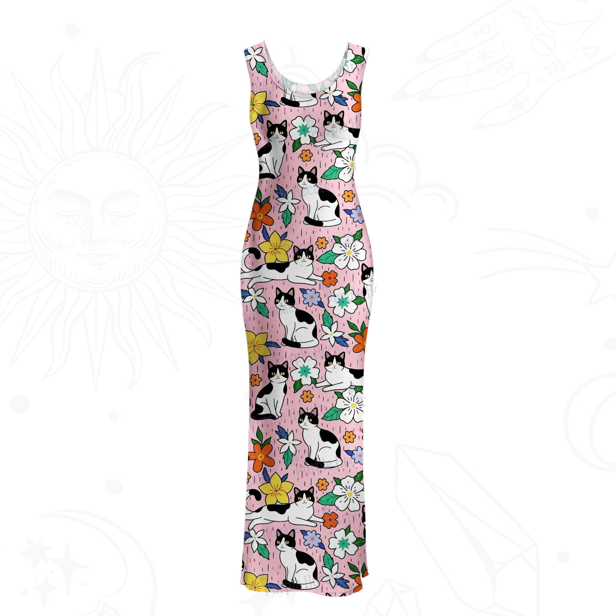 Purplehecate Enchanted Spring Whispering Cat Mesh Maxi Tank Beach Dress