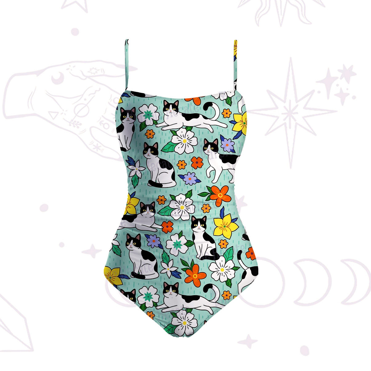 Purplehecate Enchanted Spring Whispering Cat Slim-Strap Swimsuit