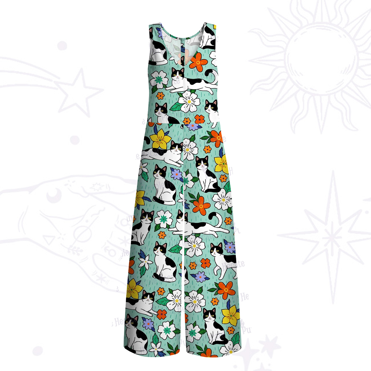 Purplehecate Enchanted Spring Whispering Cat Wide Leg Jumpsuit