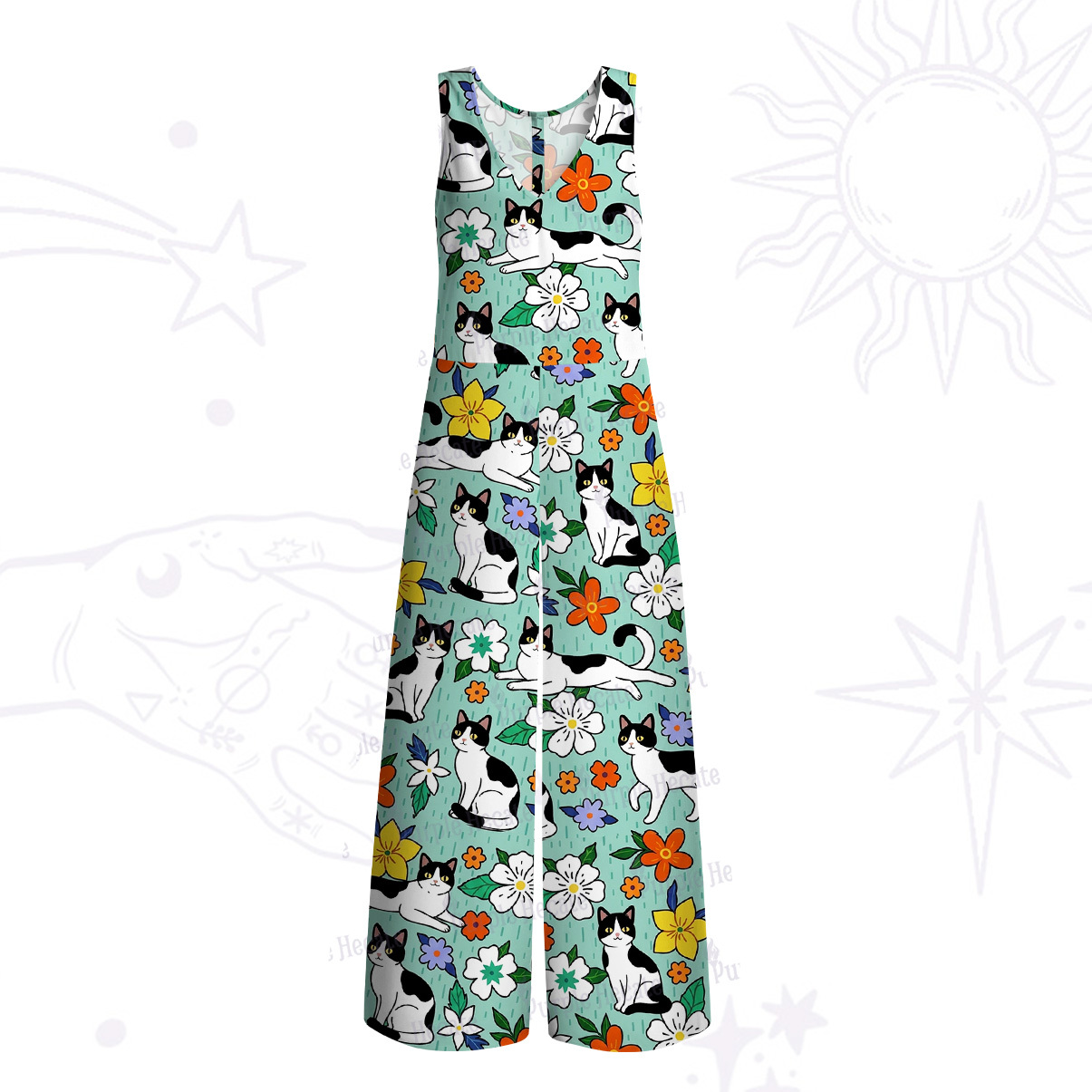 Purplehecate Enchanted Spring Whispering Cat Wide Leg Jumpsuit