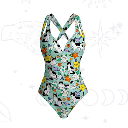 Purplehecate Enchanted Spring Whispering Cat One-Piece Swimsuit