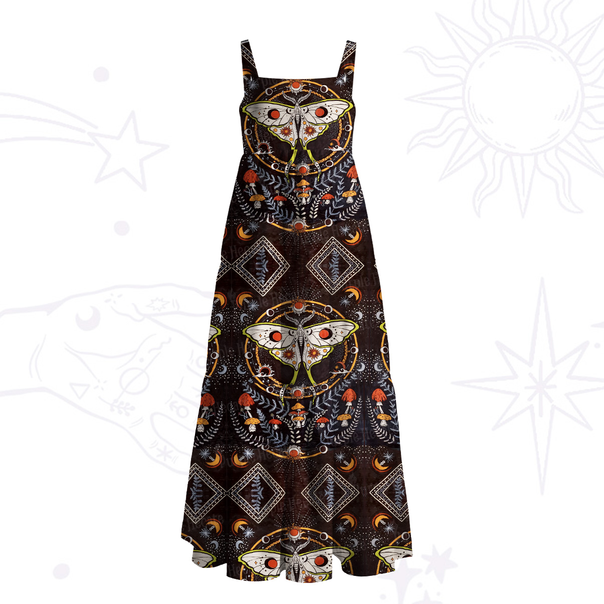 Purplehecate Mystical Moth Wide Straps Maxi Dress