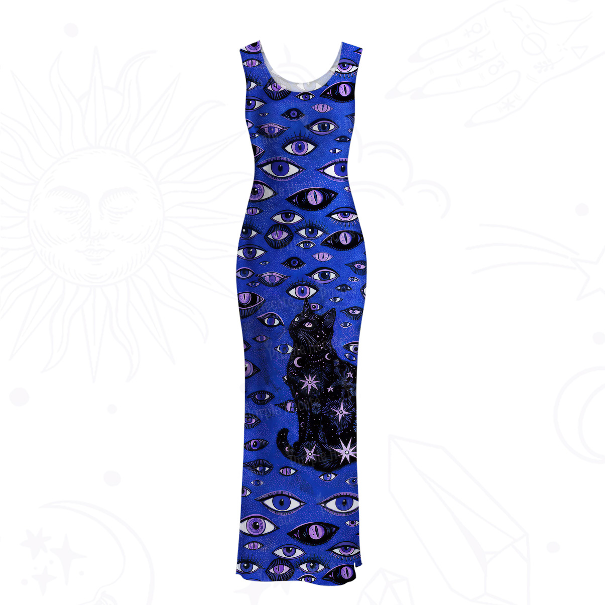 Purplehecate Cosmic Watcher Cat Mesh Maxi Tank Beach Dress