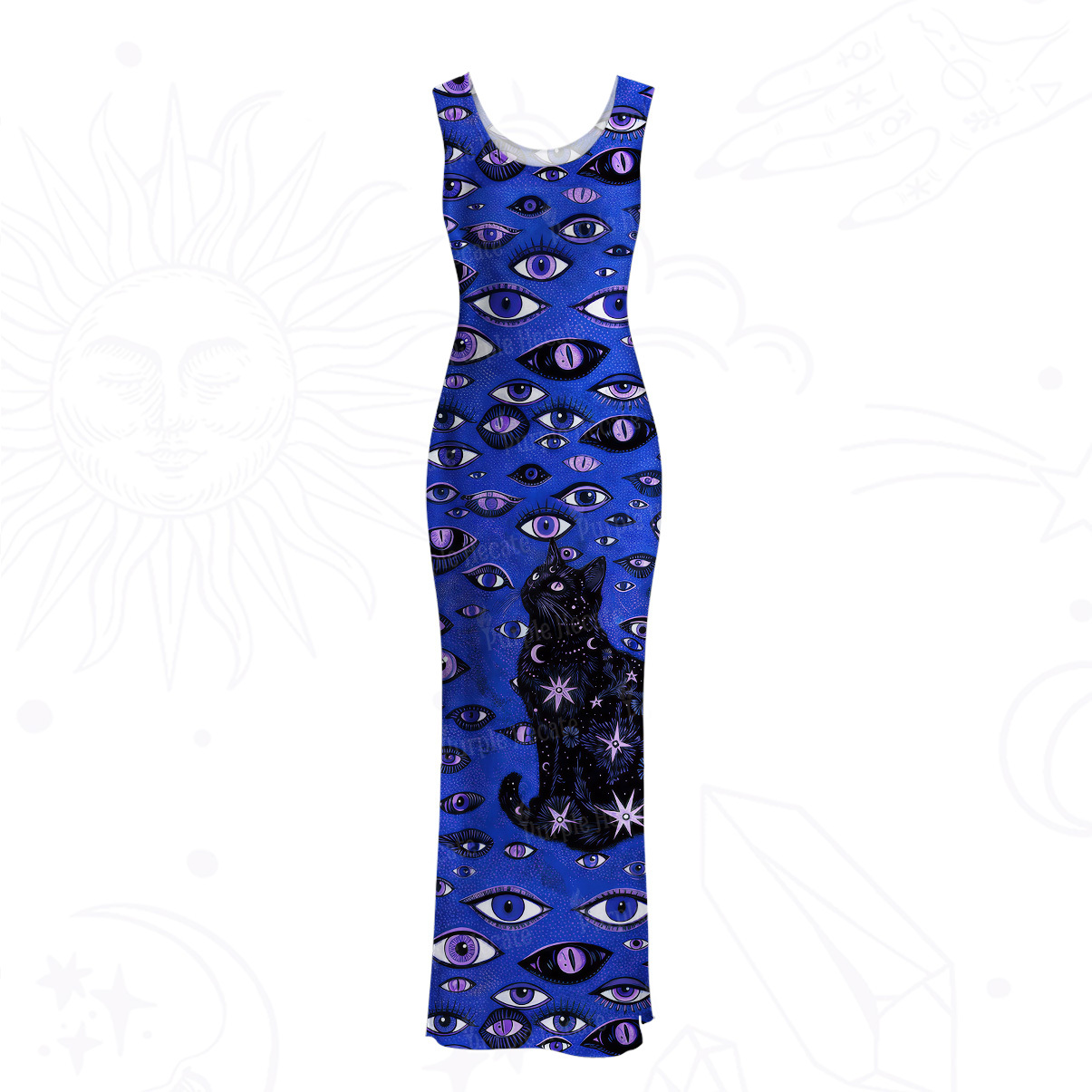 Purplehecate Cosmic Watcher Cat Mesh Maxi Tank Beach Dress