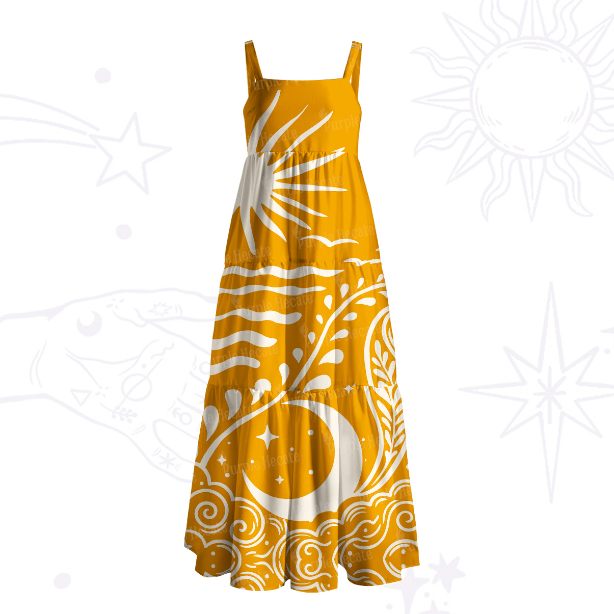 Purplehecate Celestial Sun Moon Waves Wide Straps Maxi Dress