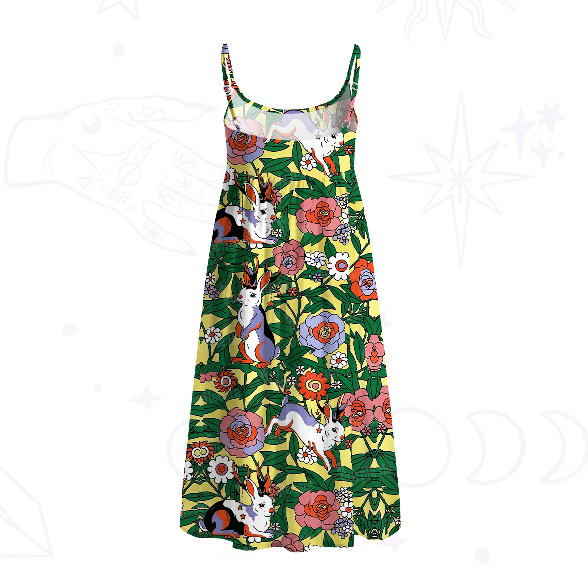 Purplehecate Mystic Blossom Bunny Garden Spaghetti Strap Midi Dress