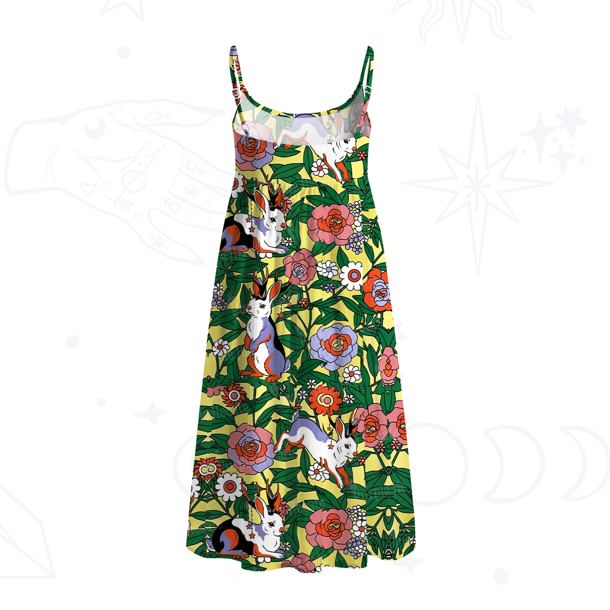 Purplehecate Mystic Blossom Bunny Garden Spaghetti Strap Midi Dress
