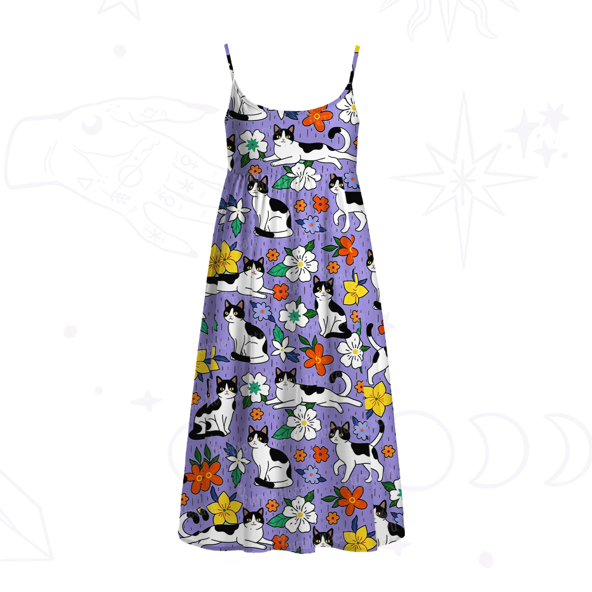 Purplehecate Enchanted Spring Whispering Cat Spaghetti Strap Midi Dress