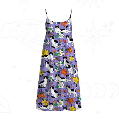 Purplehecate Enchanted Spring Whispering Cat Spaghetti Strap Midi Dress