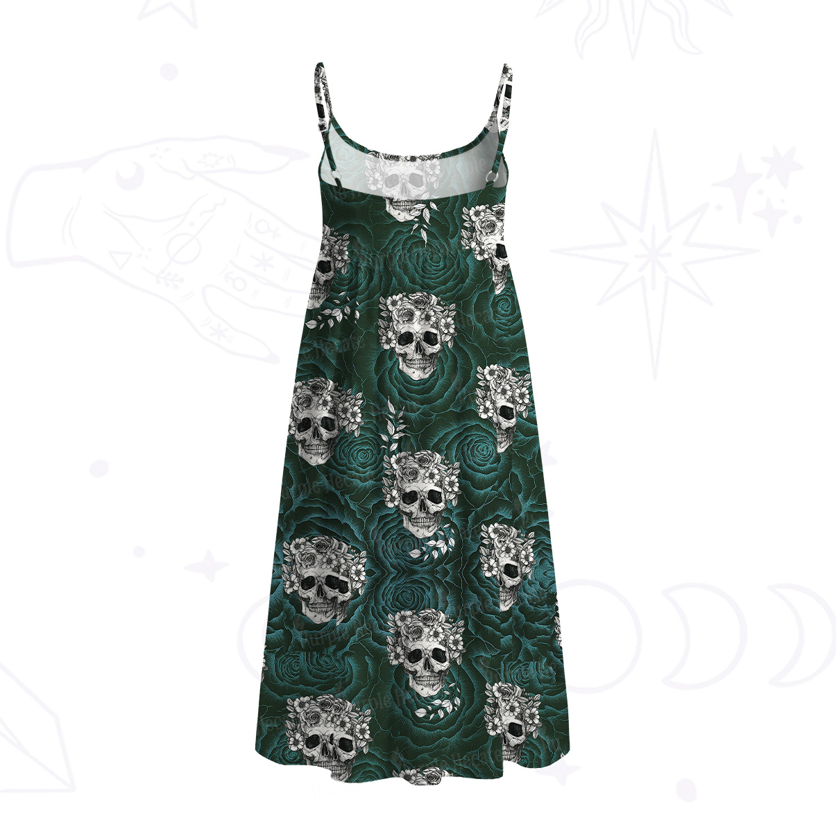 Purplehecate Rose Skull Spaghetti Strap Midi Dress