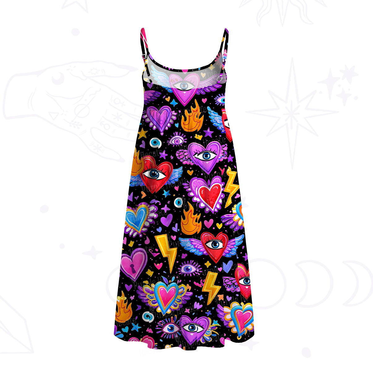 Purplehecate Mystic Heart Eye Wings Spaghetti Strap Midi Dress