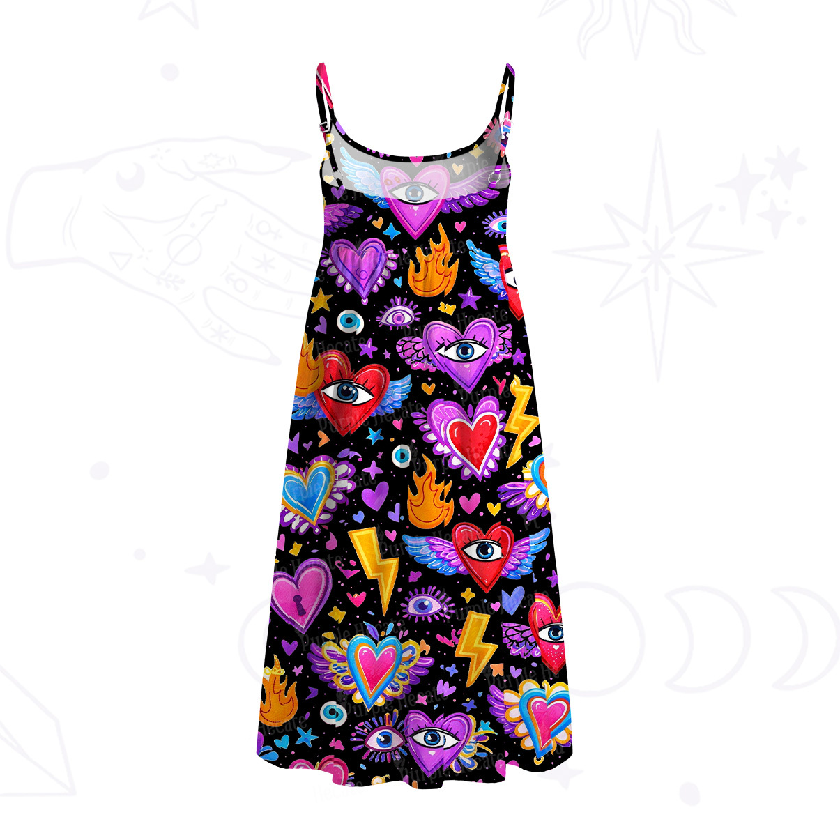 Purplehecate Mystic Heart Eye Wings Spaghetti Strap Midi Dress