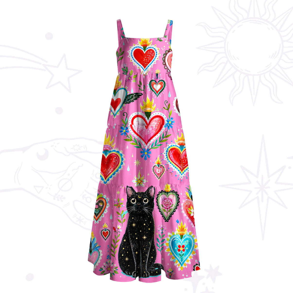 Purplehecate Mystic Heart Black Cat Wide Straps Maxi Dress