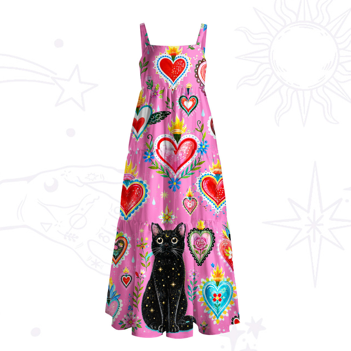 Purplehecate Mystic Heart Black Cat Wide Straps Maxi Dress