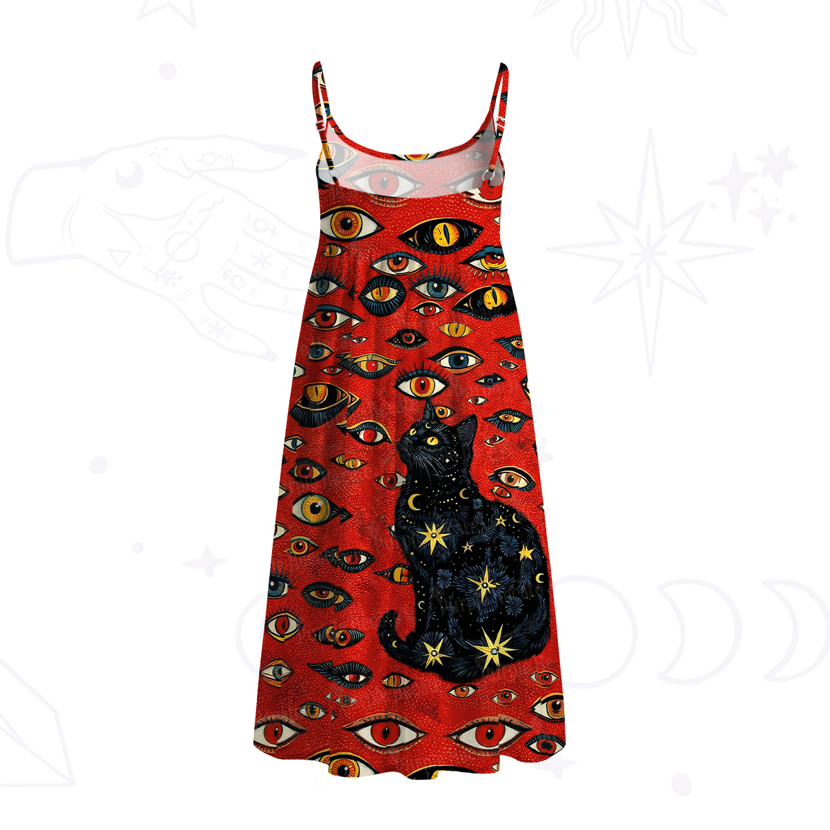 Purplehecate Cosmic Watcher Cat Spaghetti Strap Midi Dress