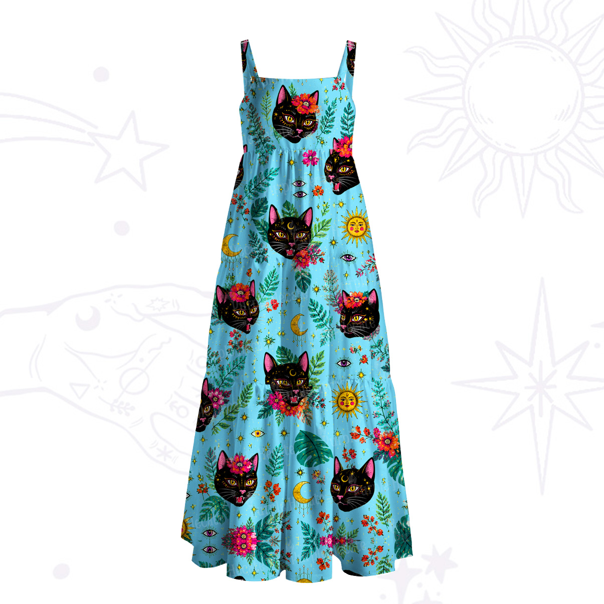 Purplehecate The Wizard's Proud Black Cat Wide Straps Maxi Dress
