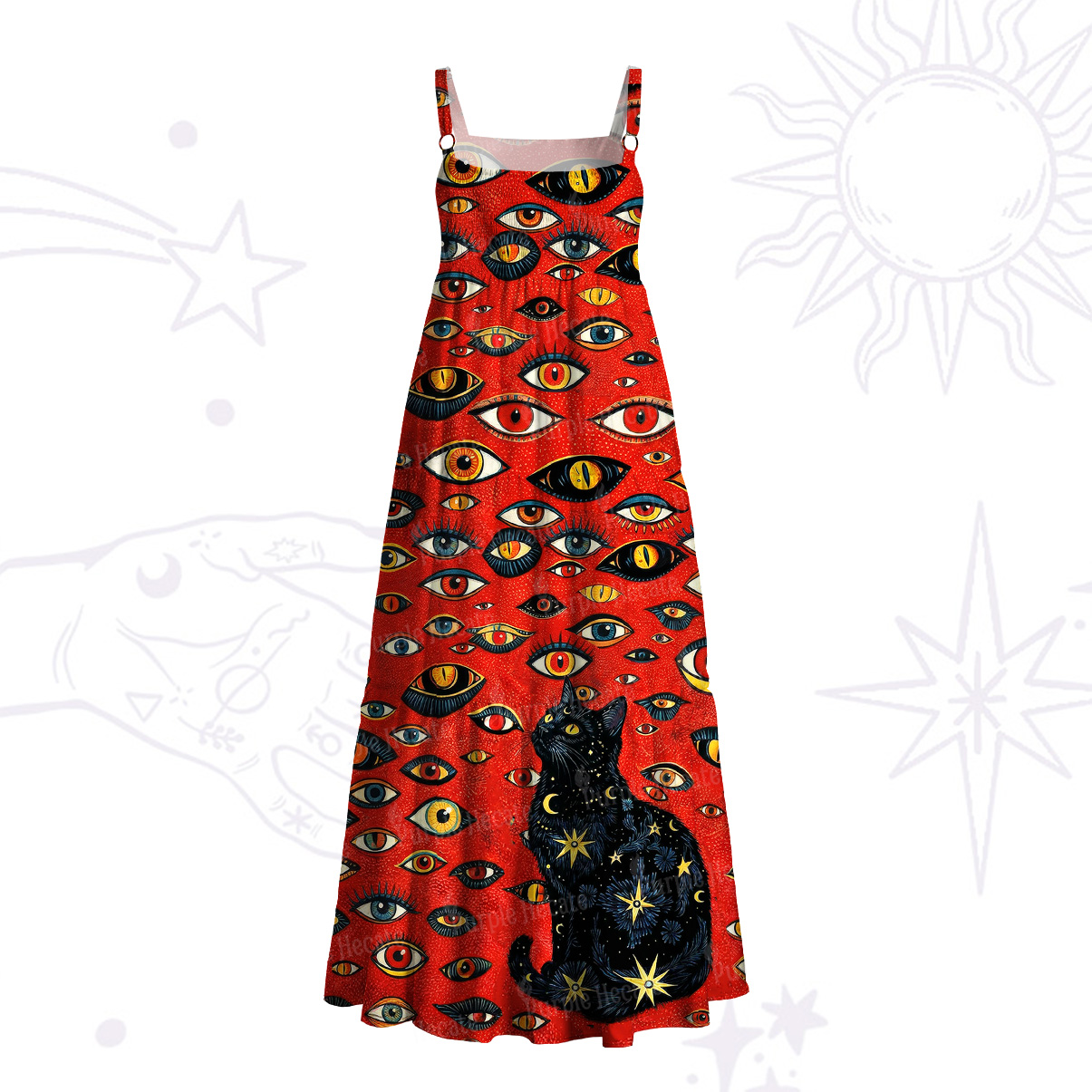 Purplehecate Cosmic Watcher Cat Wide Straps Maxi Dress