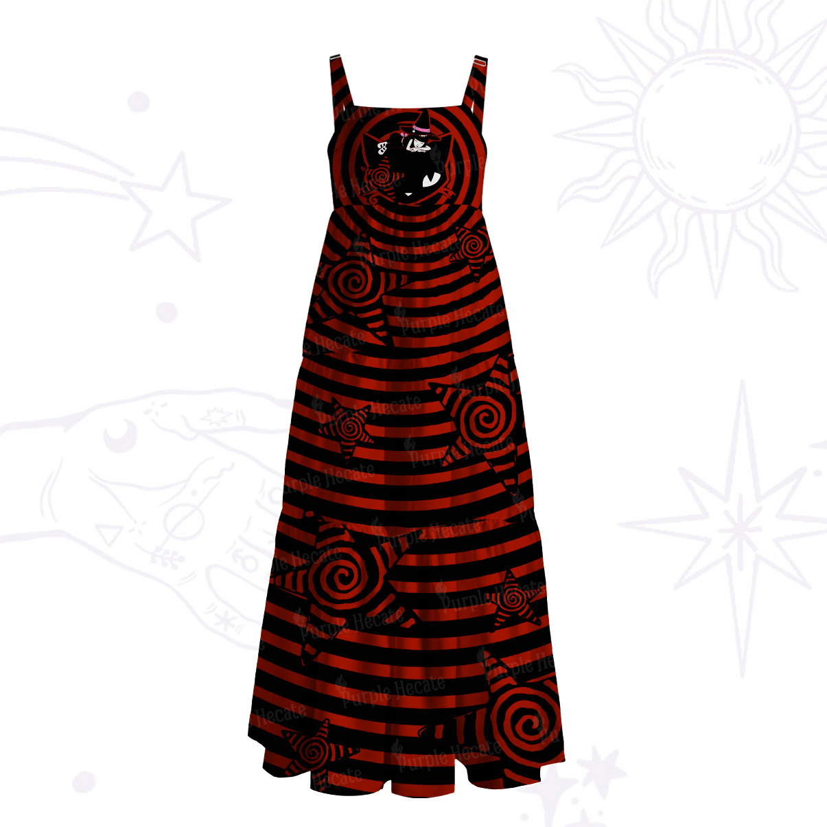 Purplehecate Trippy Spiral Black Cat Wide Straps Maxi Dress