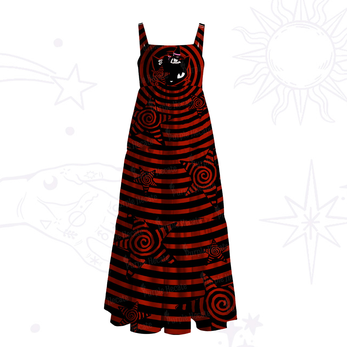 Purplehecate Trippy Spiral Black Cat Wide Straps Maxi Dress